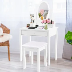 Costway Wooden Vanity Makeup Dressing Table Stool Set Bathroom White -Costway GUEST fb9c5903 632d 4bf5 849b e88204c9045e