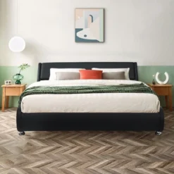 Costway Queen Faux Leather Upholstered Platform Bed Adjustable Headboard Black -Costway GUEST fbbbe777 9237 4593 93c7 a3347f6ea707