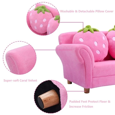 Costway Kids Sofa Strawberry Armrest Chair Lounge Couch W/2 Pillow Children Toddler Pink 7 Costway Kids Sofa Strawberry Armrest Chair Lounge Couch W/2 Pillow Children Toddler Pink - Image 5