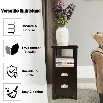 Costway Set Of 2 End Bedside Table Rectangular Nightstand W/ 2 Drawers & Shelf Espresso 8 Costway Set Of 2 End Bedside Table Rectangular Nightstand W/ 2 Drawers & Shelf Espresso - Image 6