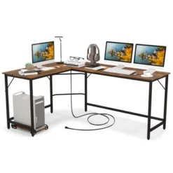 Costway L-shaped Gaming Desk Computer Desk With CPU Stand Power Outlets Rustic Brown/Black -Costway GUEST fc597c46 aa11 4267 8b5a 091d0e91afdc
