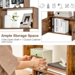 Costway 1 PC Bookshelf W/Cabinet 6-Tier S-Shaped Bookcase Storage Rack Rustic BrownWhite -Costway GUEST fde6d459 a6bd 43d7 a66a a220012024e3