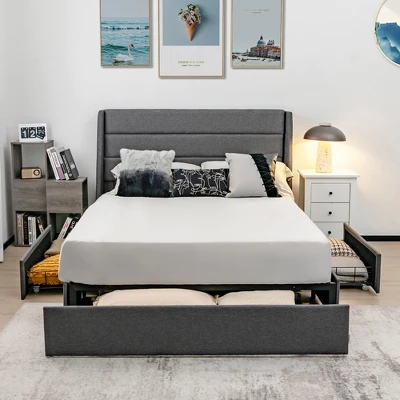 Costway Platform Bed Frame With 3 Storage Drawers Mattress Foundation Grey 3 Costway Platform Bed Frame With 3 Storage Drawers Mattress Foundation Grey