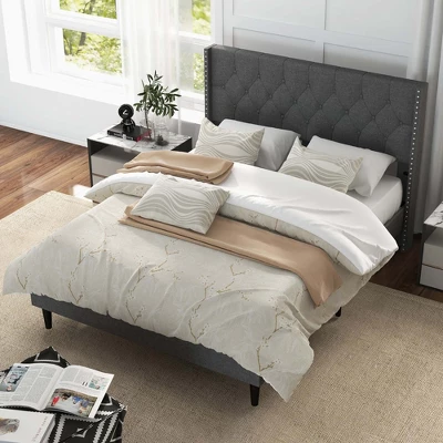 Costway Full/Queen Size Upholstered Platform Bed Button Tufted Headboard Mattress Foundation 12 Costway Full/Queen Size Upholstered Platform Bed Button Tufted Headboard Mattress Foundation - Image 10