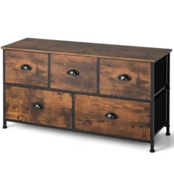 Costway 5-Drawer Dresser Fabric Storage Tower W/wooden Top Chest Organizer Rustic Brown -Costway GUEST ffd94d9e a7ca 4393 8893 e3ba038c902c