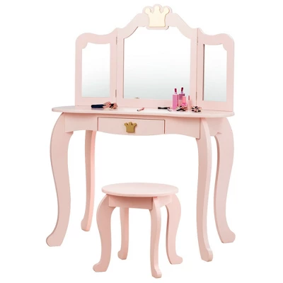 Costway Kids Makeup Dressing Table Chair Set Princess Vanity & Tri-folding Mirror 12 Costway Kids Makeup Dressing Table Chair Set Princess Vanity & Tri-folding Mirror - Image 10